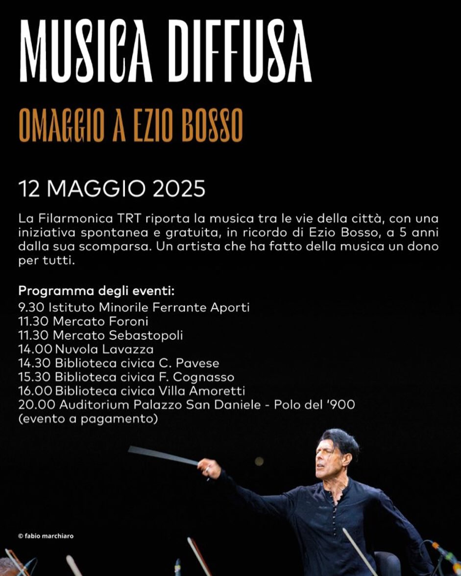 TORINO!
Il prossimo lunedì la musica di Ezio sarà in giro per tutta la @cittaditorino per un’iniziativa unica nel suo genere organizzata dagli amici della @filarmonicatrt con una conclusione presso @ilpolodel900, sua “casa” spirituale ove risiede l’Archivio Ezio Bosso.
No, it’s never over...
#eziobosso #filarmonicatrt #torino #Polo900